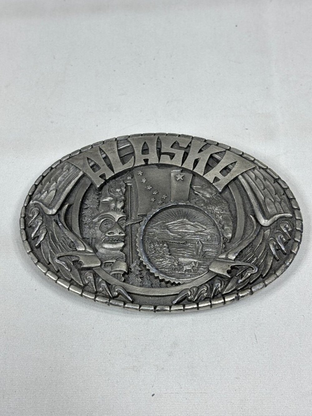 VTG 1981 Alaska State Commemorative Belt Buckle IMC Pewter Made in USA Rare 80s